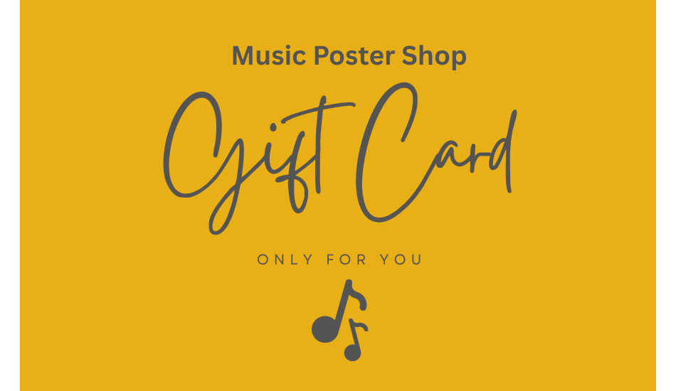 Music poster shop gift card with a yellow background and black text.