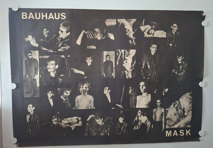 Poster of Bauhaus with black and white collage of band members, featuring the text 'BAUHAUS MASK'.