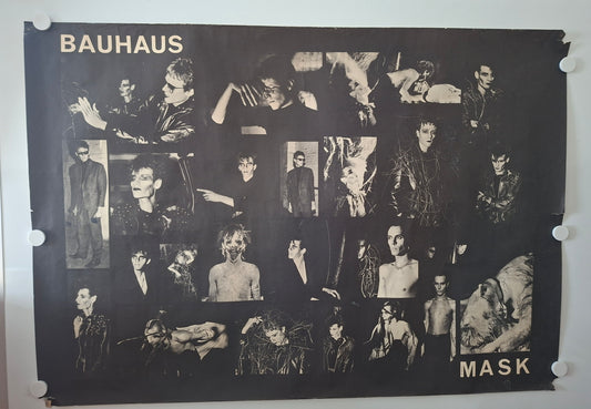 Poster of Bauhaus with black and white collage of band members, featuring the text 'BAUHAUS MASK'.