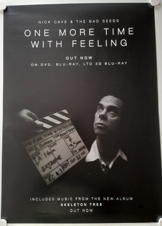 Promotional poster for Nick Cave & The Bad Seeds' 'One More Time With Feeling' with a clapperboard and text.